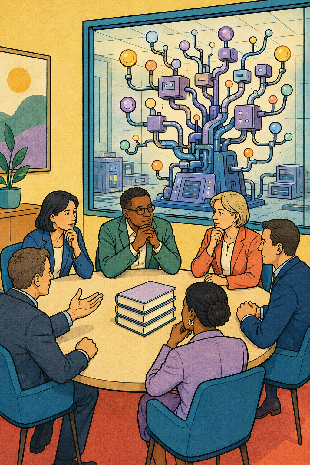 A group of international delegates examines a branching policy map while an AI machine waits outside the meeting table