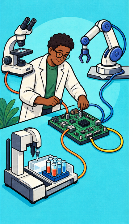 An AI field technician connects a shared control board to a microscope, robot arm, and laboratory machine