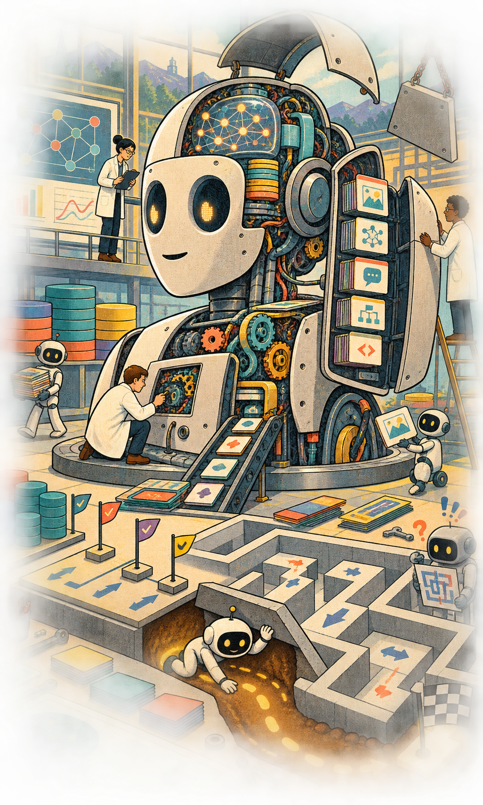A giant open-panel AI machine reveals its gears, checkpoints, and test cards while a small robot discovers a shortcut beneath a benchmark maze