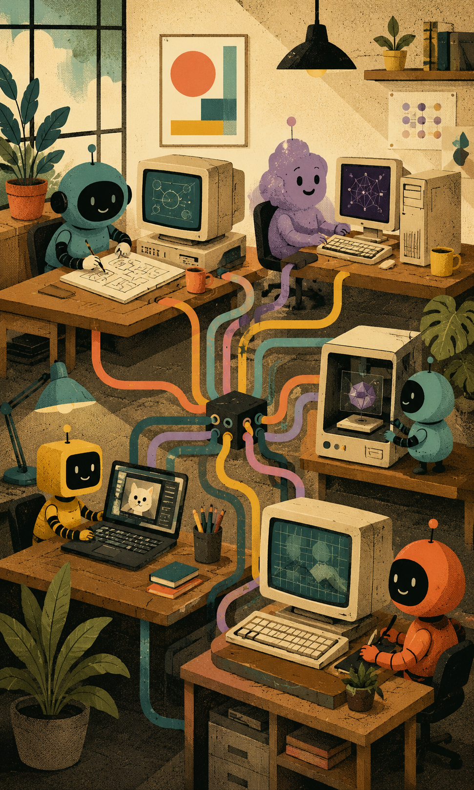 Several ordinary computers in a cozy studio connect through colorful routing tubes while small AI workers divide the jobs among them