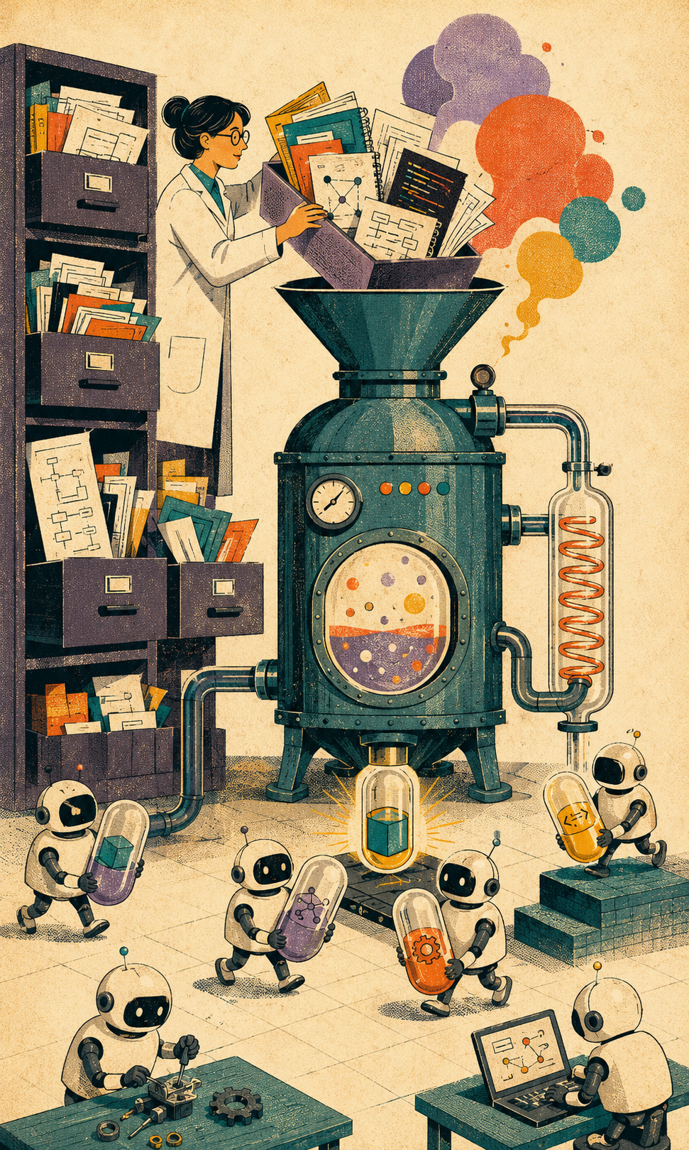 A researcher pours a messy cabinet of repositories, diagrams, and manuals through a distillation machine that produces compact skill capsules for small agents