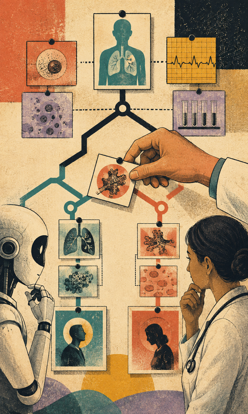 A clinician and a medical AI inspect a branching evidence board as a human hand moves a crucial clue toward either a helpful or misleading diagnostic path