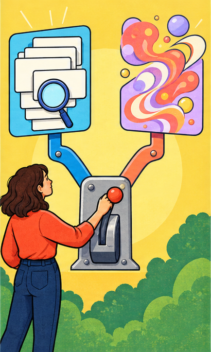 An independent publisher chooses between classic search cards and an abstract generative answer cloud using a large signal switch