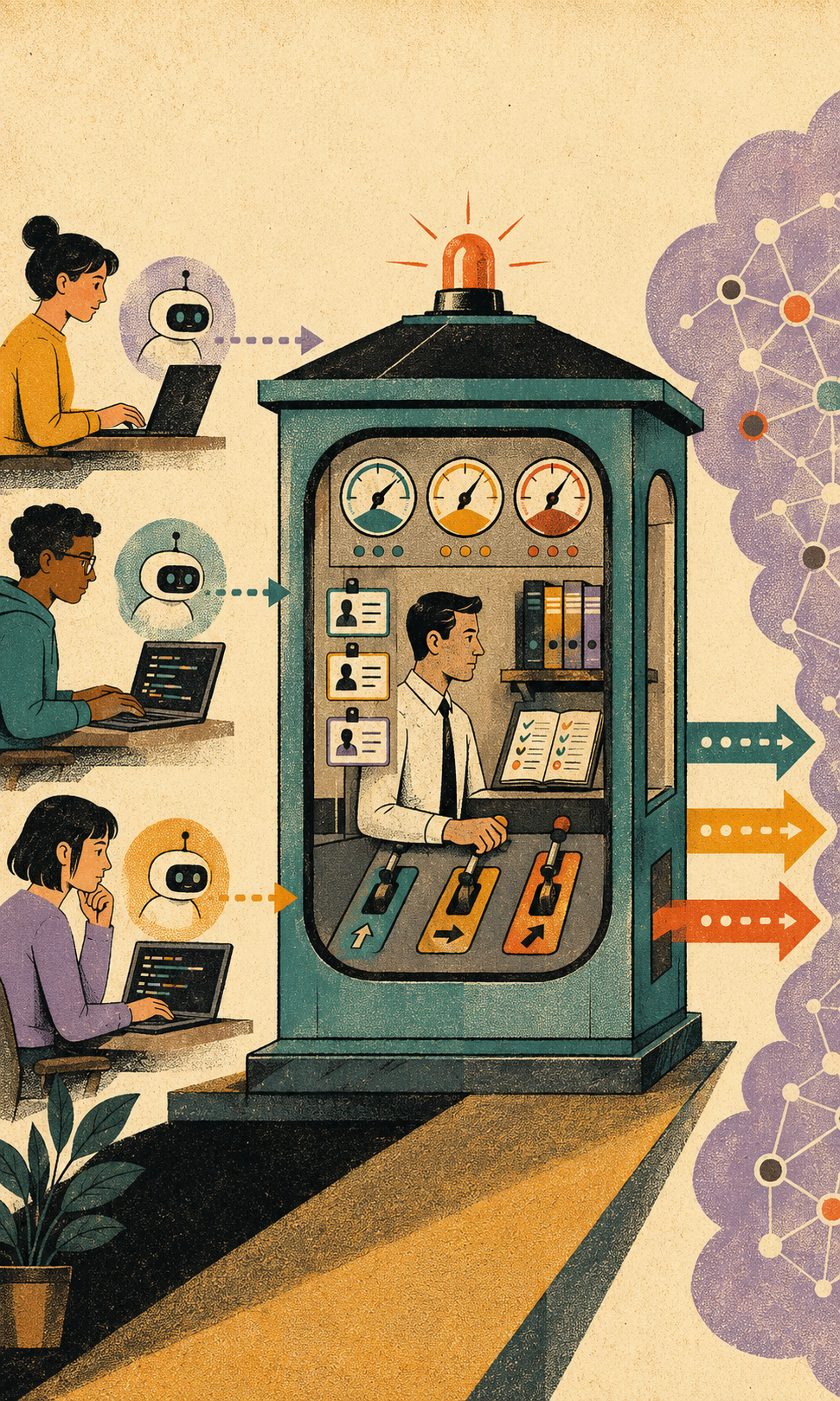 Developers and their coding agents send model requests through a secure gateway booth with identity badges, budget gauges, policy switches, and an audit ledger