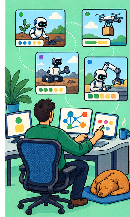 A human editor coordinates several small agent robots from a calm mission-control desk