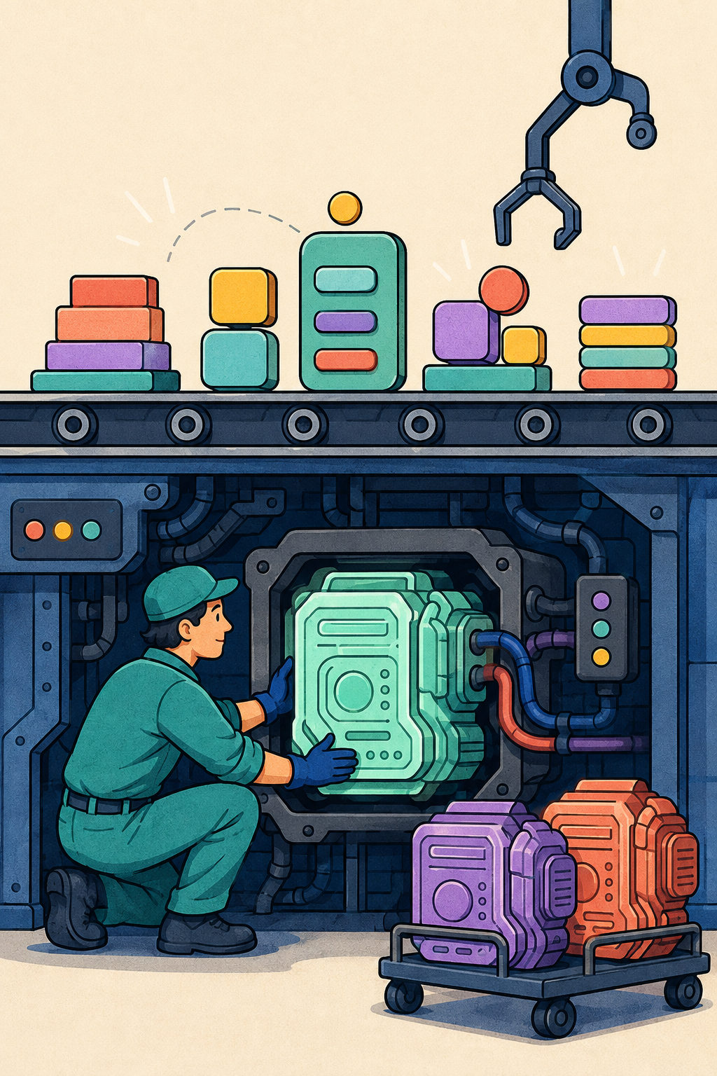 A developer replaces one labeled machine module inside a calm coding control panel while test lights blink nearby